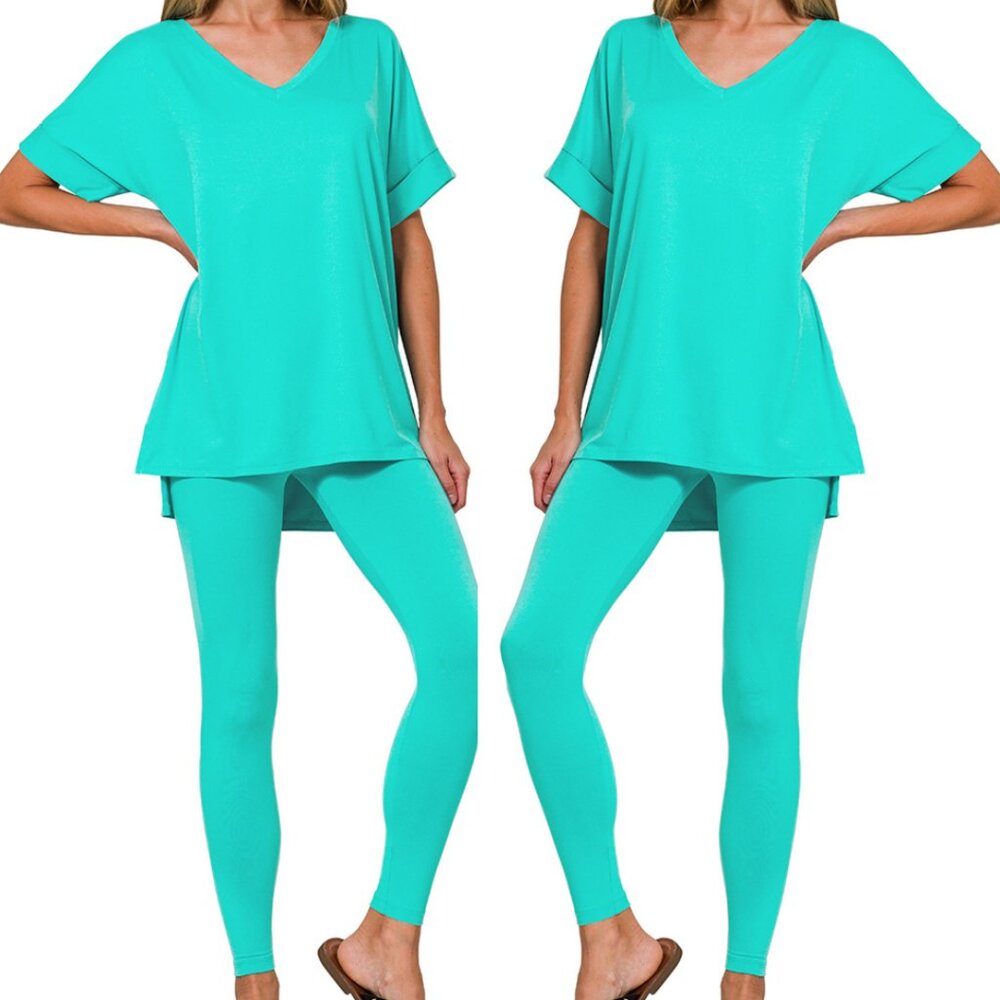 V‑Neck Short-Sleeve Loungewear Leggings Set-Buttery Soft Brushed DTY Microfiber